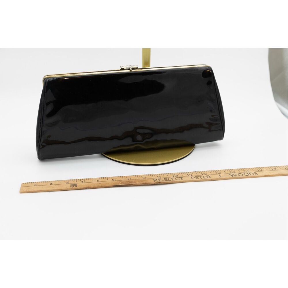 Authentic 1950s Black Patent Clutch w Attached Kiss Lock Coin Purses Mid Century